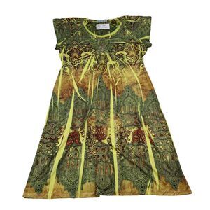 Unity World Wear Dress Womens XL Yellow Paisley Round Neck Flutter Sleeve Flared
